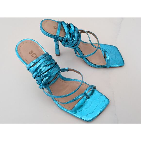 NWOB Schutz Lily Metallic Leather High Heel Sandal Turquoise Blue Size 6.5 B - Picture 5 of 10